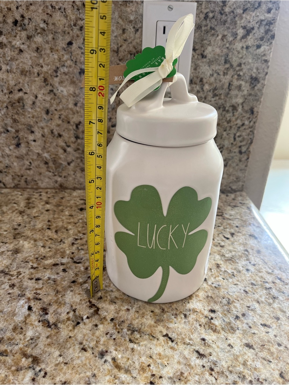 Rae Dunn Ceramic Canister with Green Clover "LUCKY" St Patrick’s